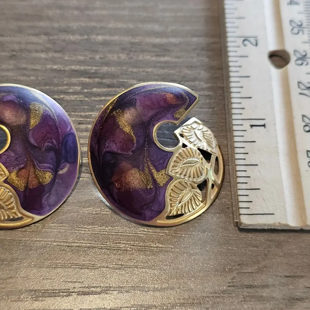 Vintage Edgar Berebi Purple Round Stud Earrings with Gold Leaf Design 1980s